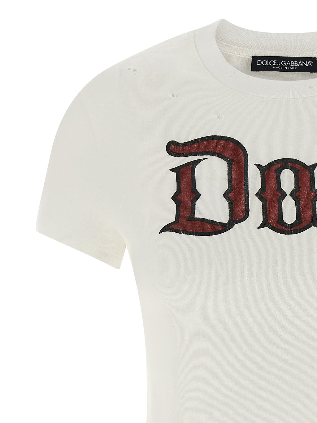 T-shirt blanc en coton de Dolce & Gabbana, style décontracté avec logo en relief, porté sur mannequin.