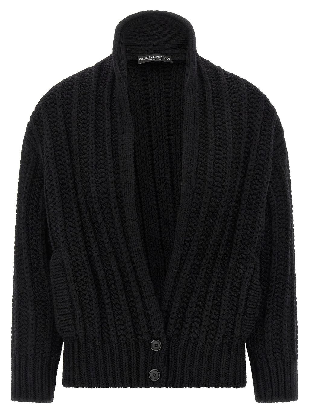 Cardigan en laine vierge noire de Dolce & Gabbana, à manches longues et détails élégants, porté sur un mannequin.