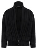 Cardigan en laine vierge noire de Dolce & Gabbana, à manches longues et détails élégants, porté sur un mannequin.
