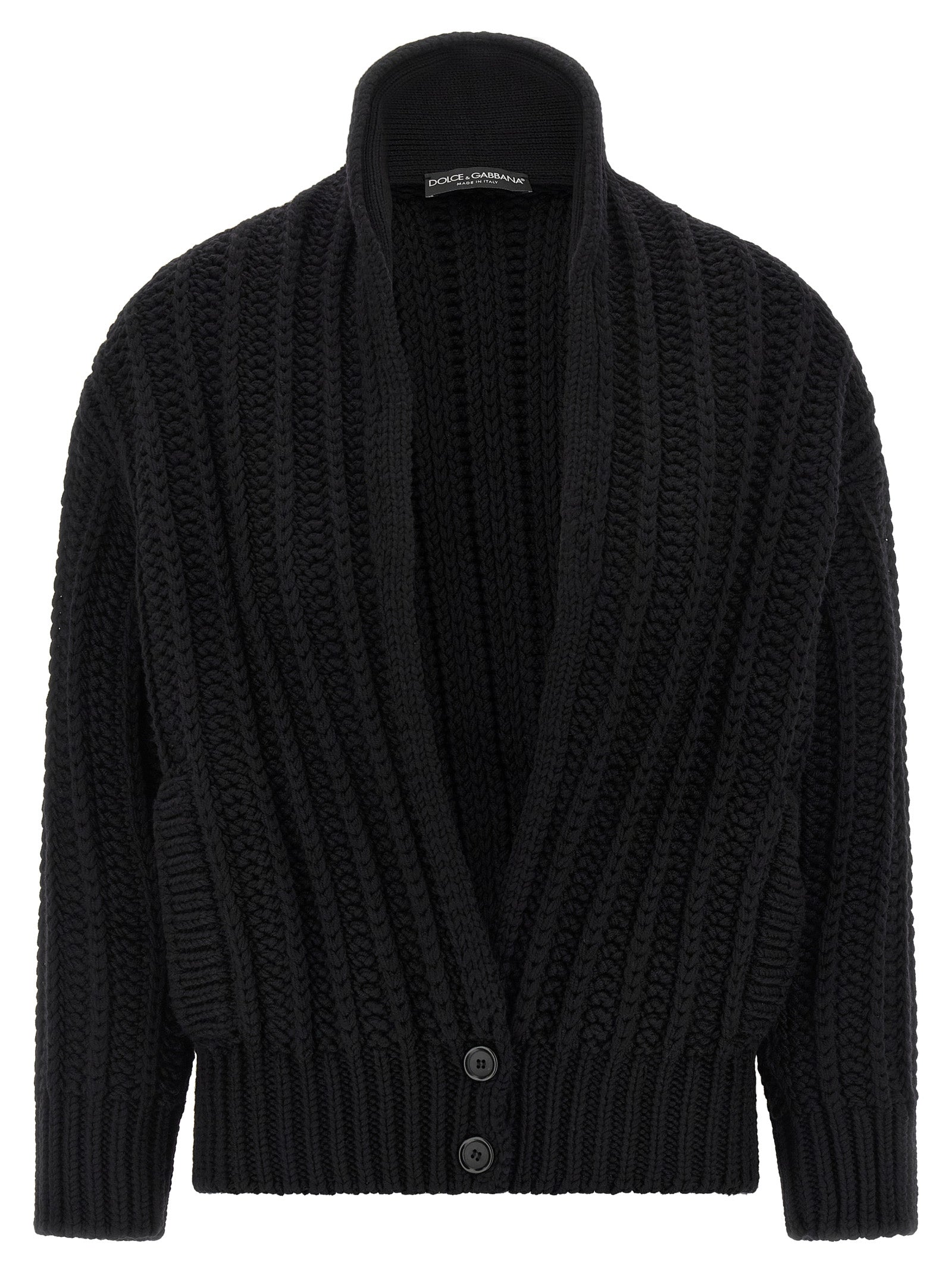 Cardigan en laine vierge noire de Dolce & Gabbana, à manches longues et détails élégants, porté sur un mannequin.