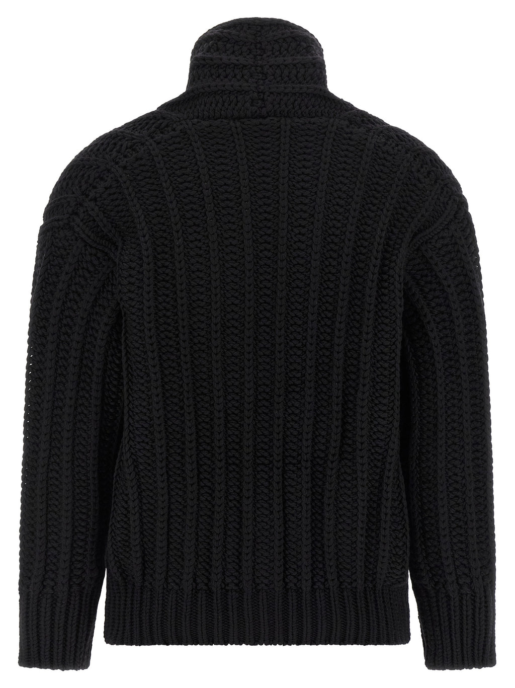 Cardigan en laine vierge noire Dolce & Gabbana, style élégant avec boutons, porté sur un mannequin.