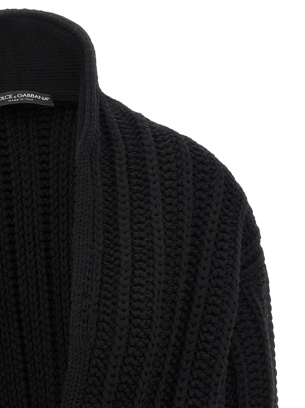 Cardigan noir en laine vierge de Dolce & Gabbana, vue de face, avec détails de fabrication visibles.