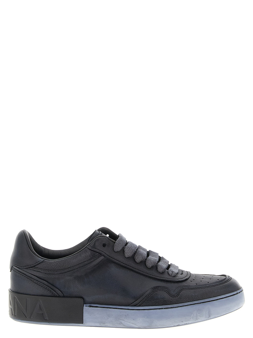 Chaussures sneakers basses en cuir d'agneau noir de Dolce & Gabbana, vue de côté avec détails de la marque.