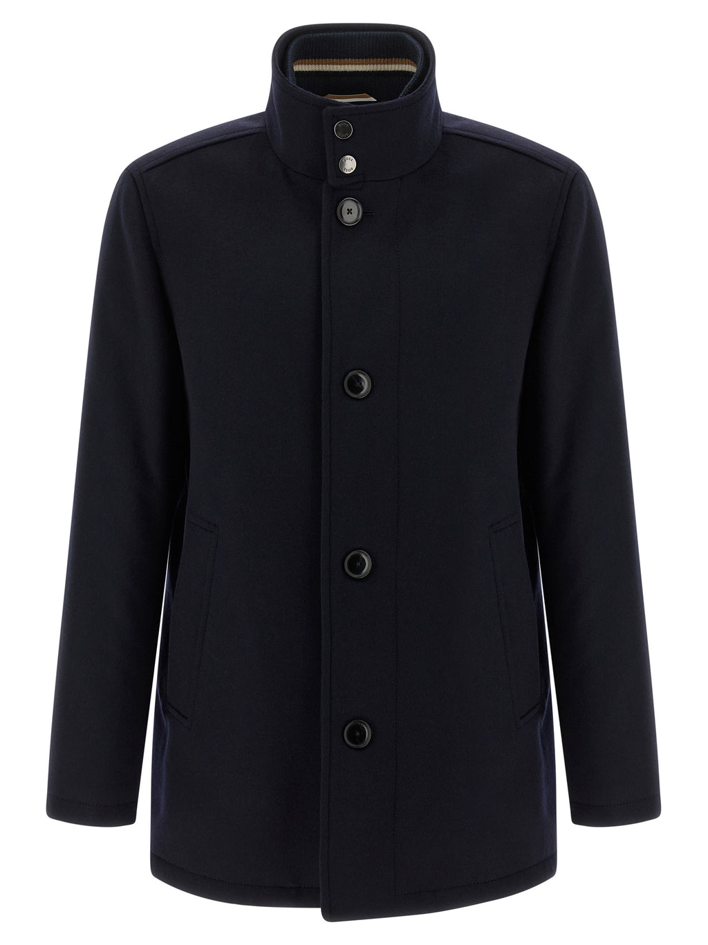 Manteau en laine bleue Hugo Boss pour homme, coupe classique et élégante, détail de boutons et col.