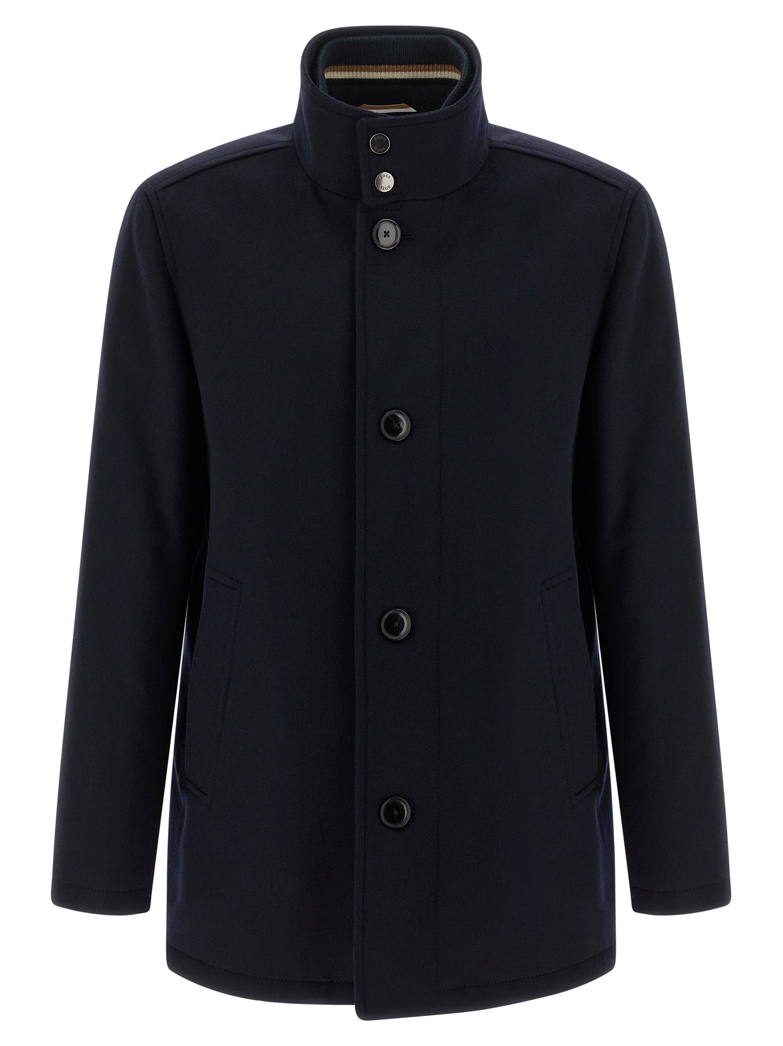 Manteau en laine bleue Hugo Boss pour homme, coupe classique et élégante, détail de boutons et col.