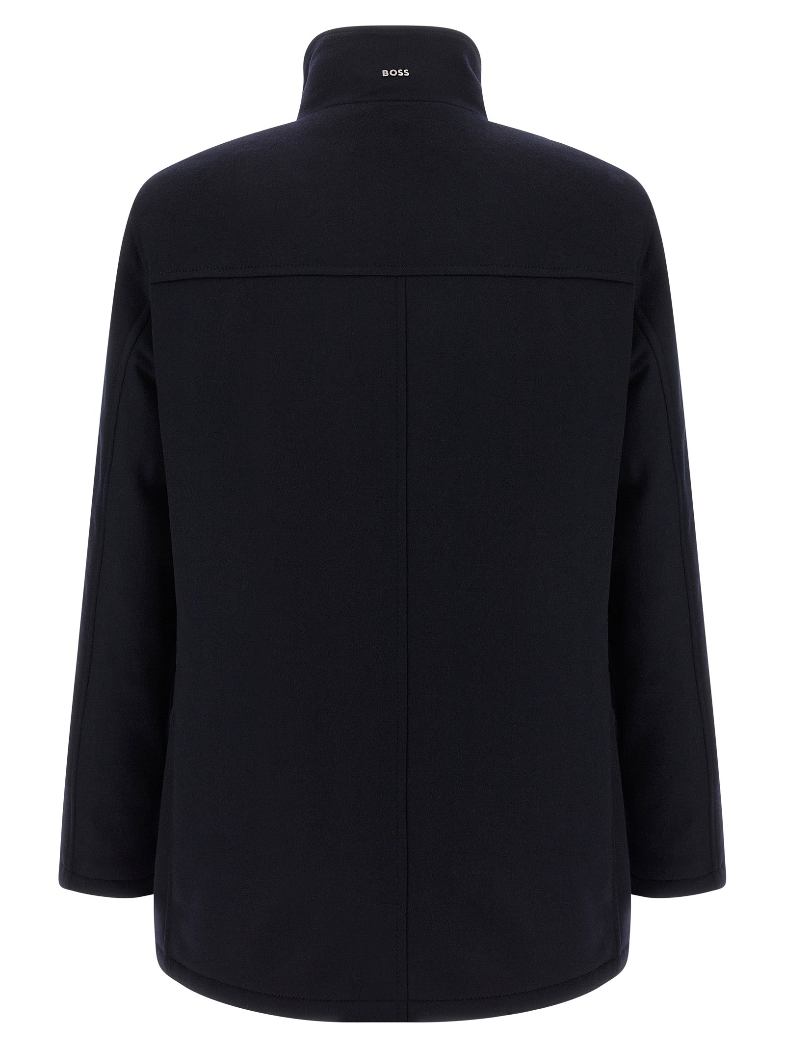 Manteau en laine bleu Hugo Boss pour homme, coupe élégante, porté sur un modèle, détails de la texture en gros plan.