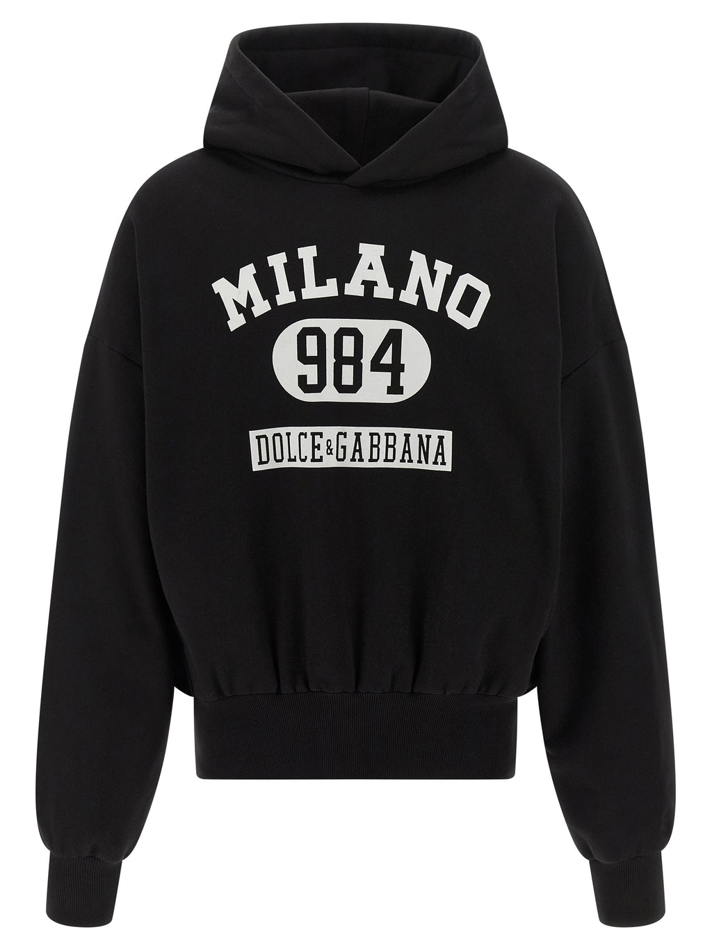 Sweatshirt en coton bicolore Dolce & Gabbana avec logo, style décontracté, porté par un mannequin avec un fond neutre.