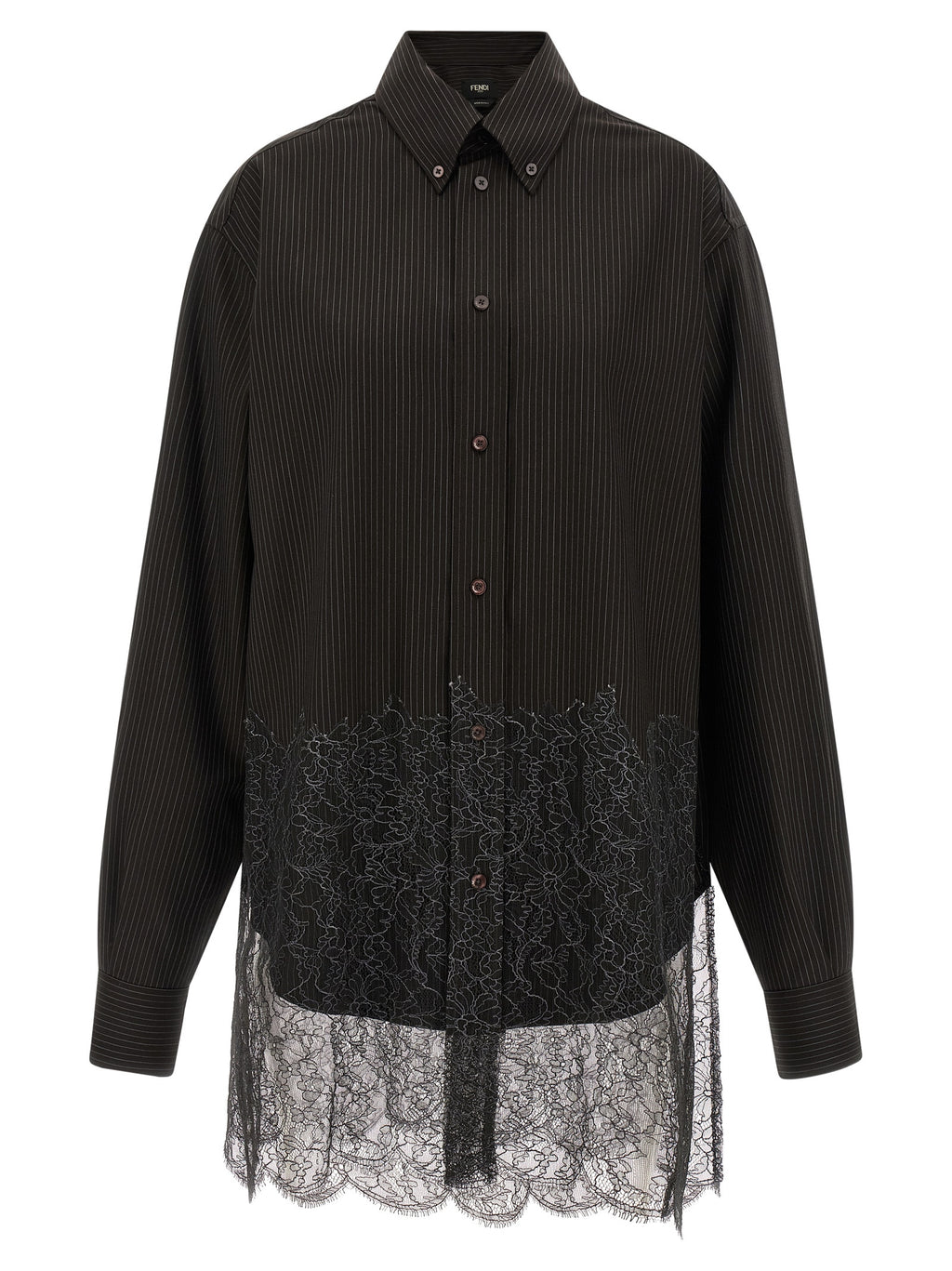 Chemise en laine vierge marron de Fendi, coupe élégante, tissu doux, détails sophistiqués, vue de face.