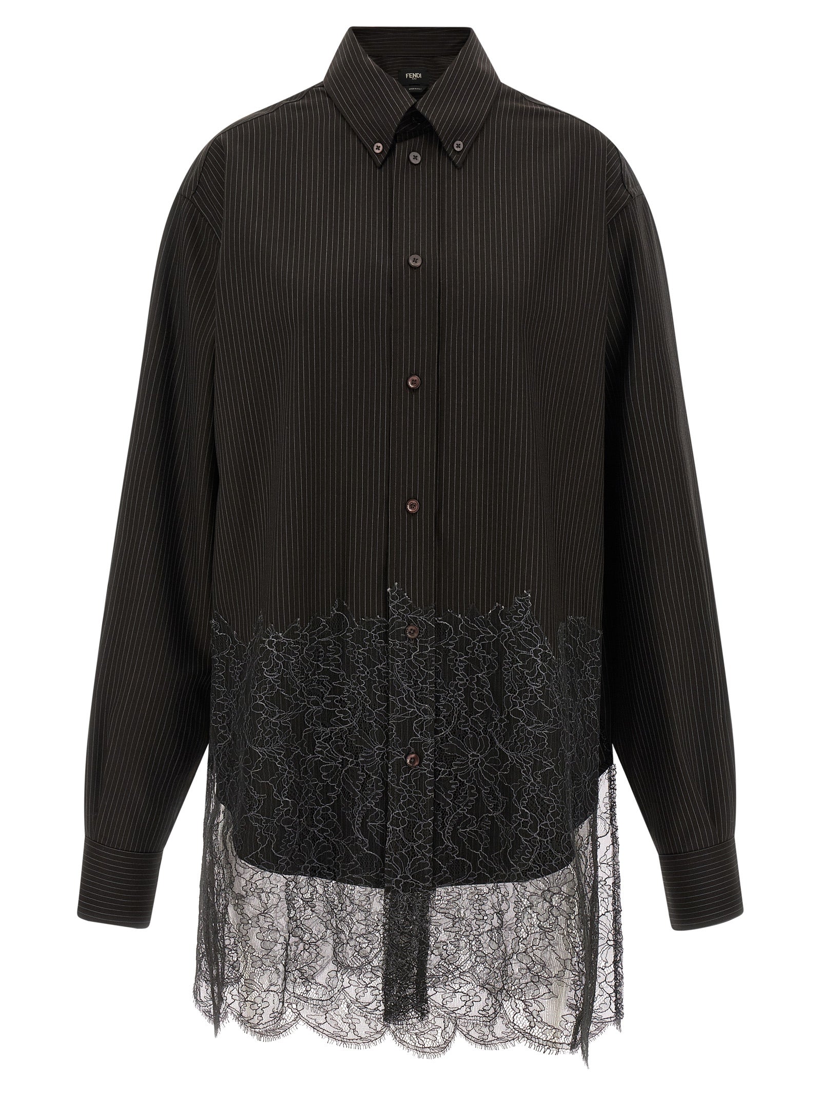 Chemise en laine vierge marron de Fendi, coupe élégante, tissu doux, détails sophistiqués, vue de face.