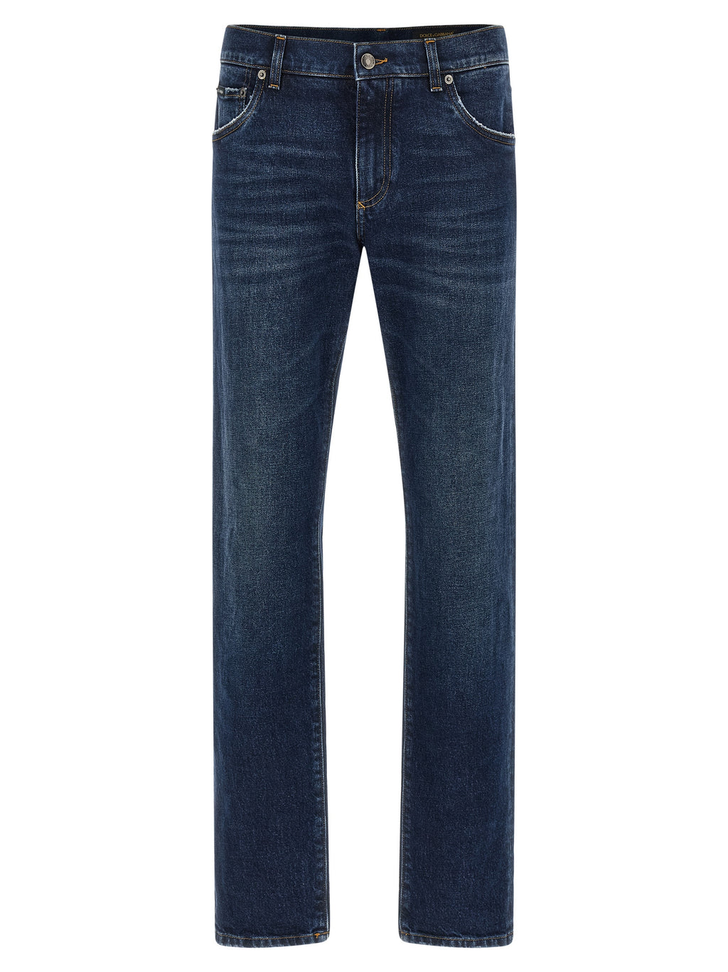 Jean droit en coton bleu Dolce & Gabbana, vue de face, détails de la coupe et de la texture du tissu.