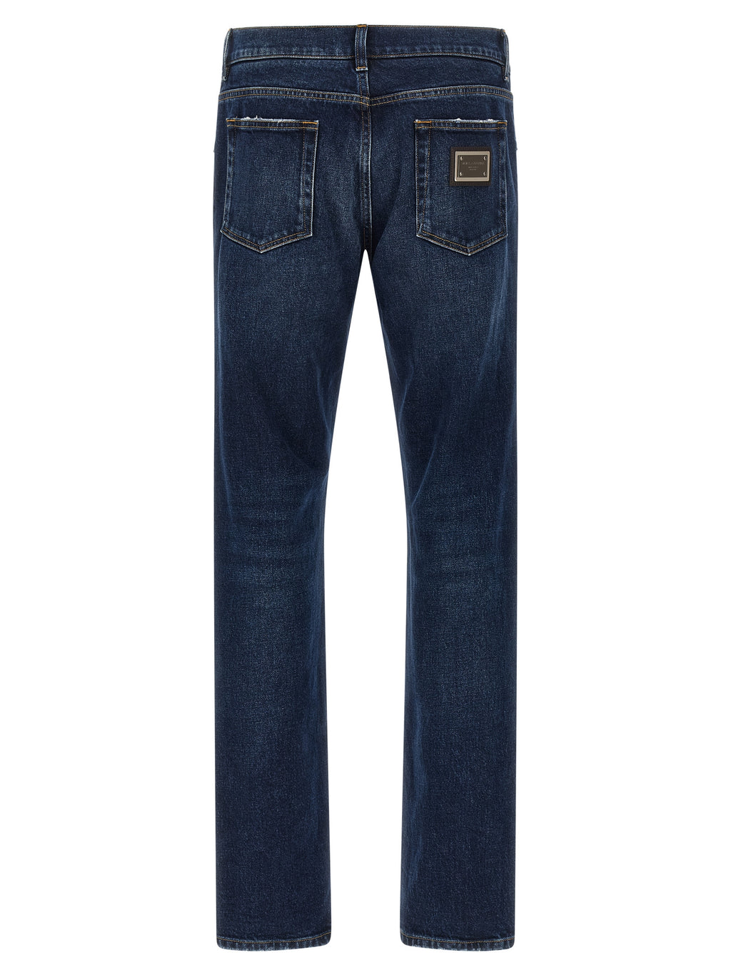 Jeans droits en coton bleu Dolce & Gabbana, vue de face, avec détails de couture et poches visibles.