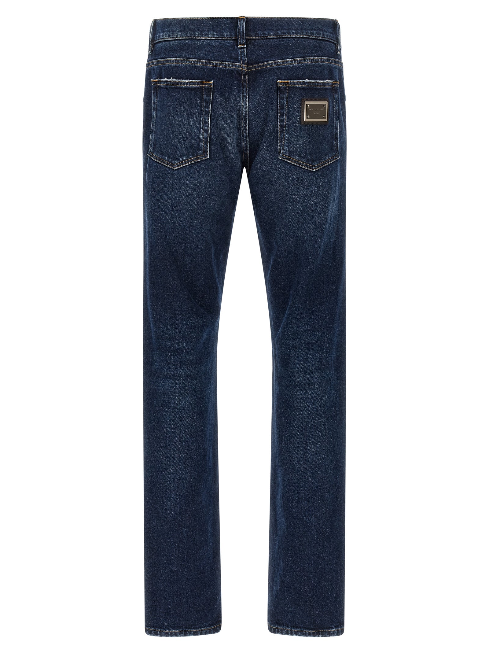 Jeans droits en coton bleu Dolce & Gabbana, vue de face, avec détails de couture et poches visibles.