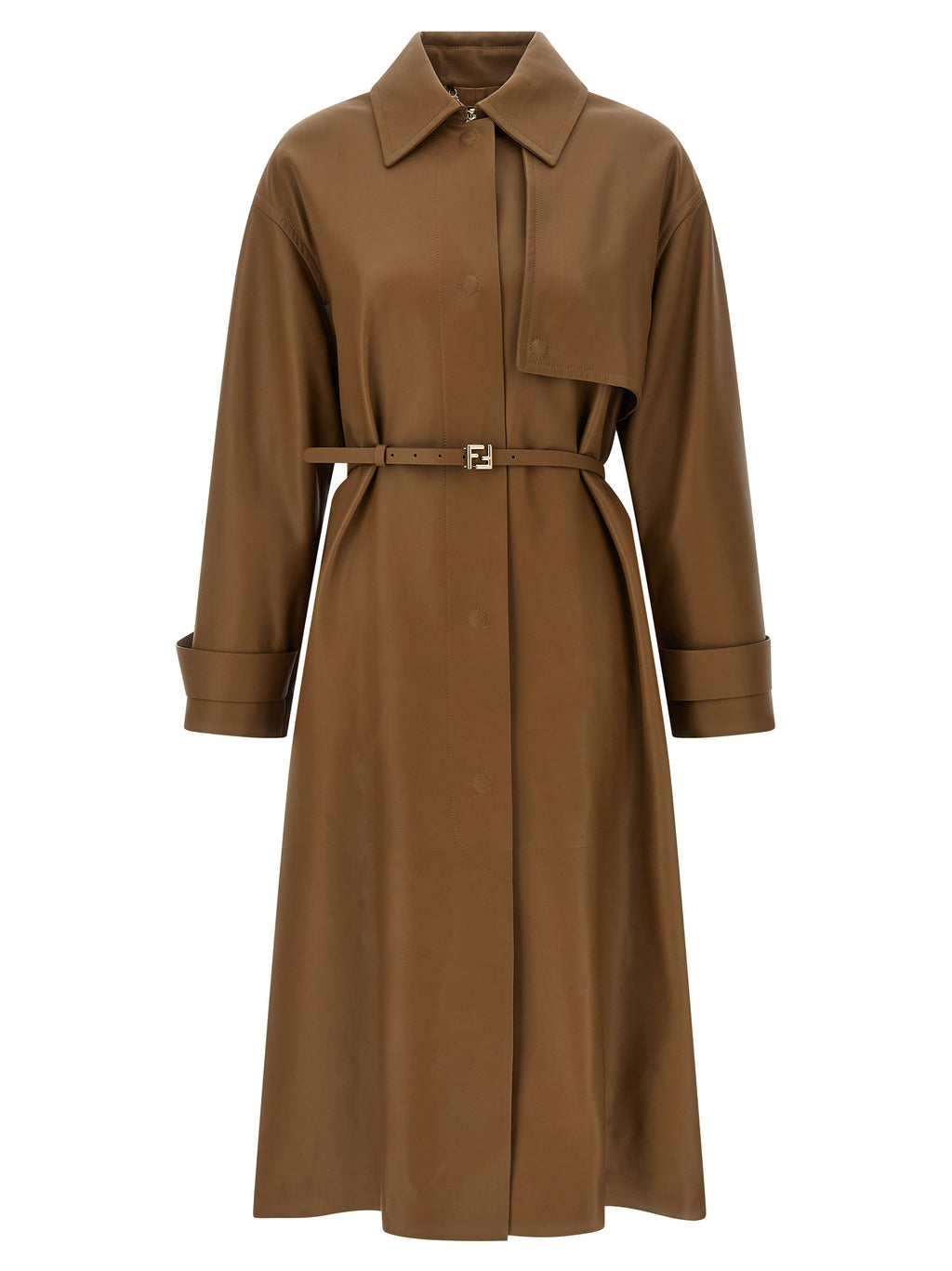 Manteau en cuir d'agneau marron de Fendi, élégant, avec détails de couture visibles, porté sur mannequin.