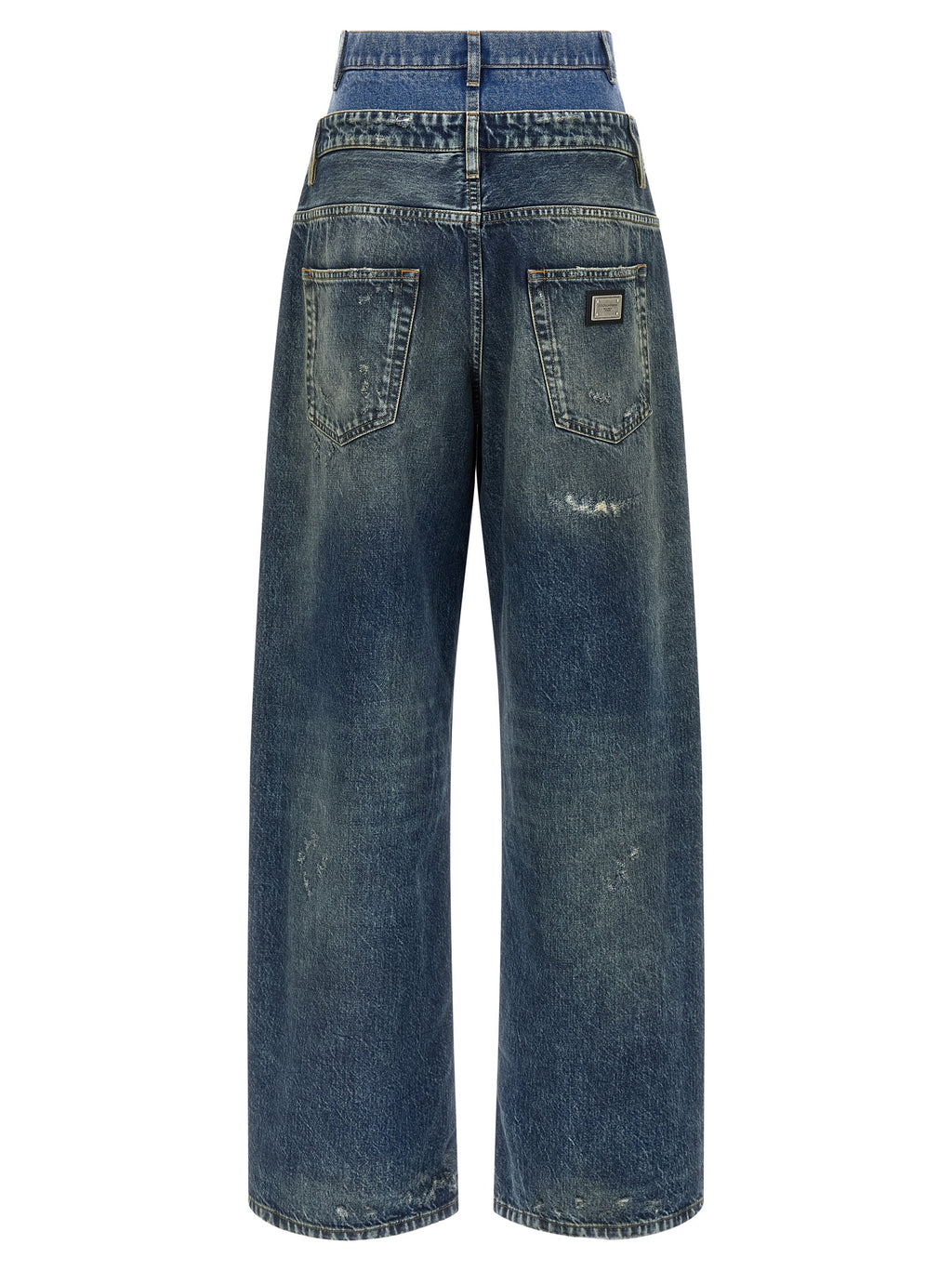 Jeans en denim en coton bleu Dolce & Gabbana, coupe classique avec détails de couture et logo de la marque.