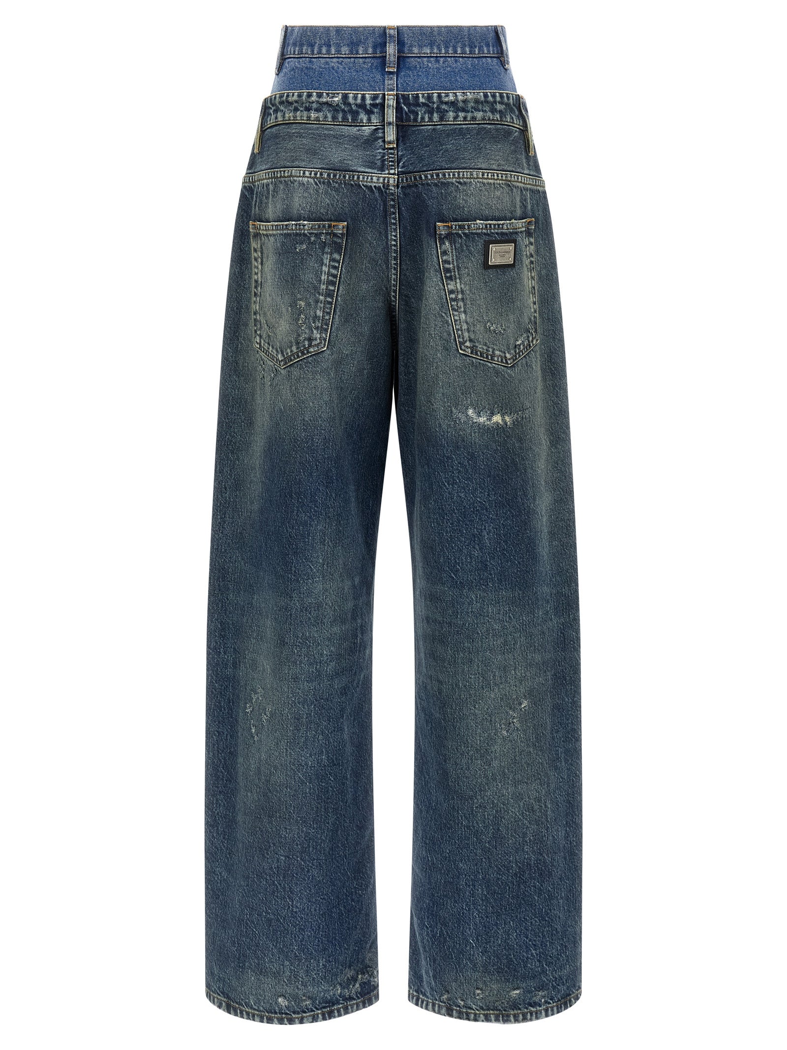 Jeans en denim en coton bleu Dolce & Gabbana, coupe classique avec détails de couture et logo de la marque.