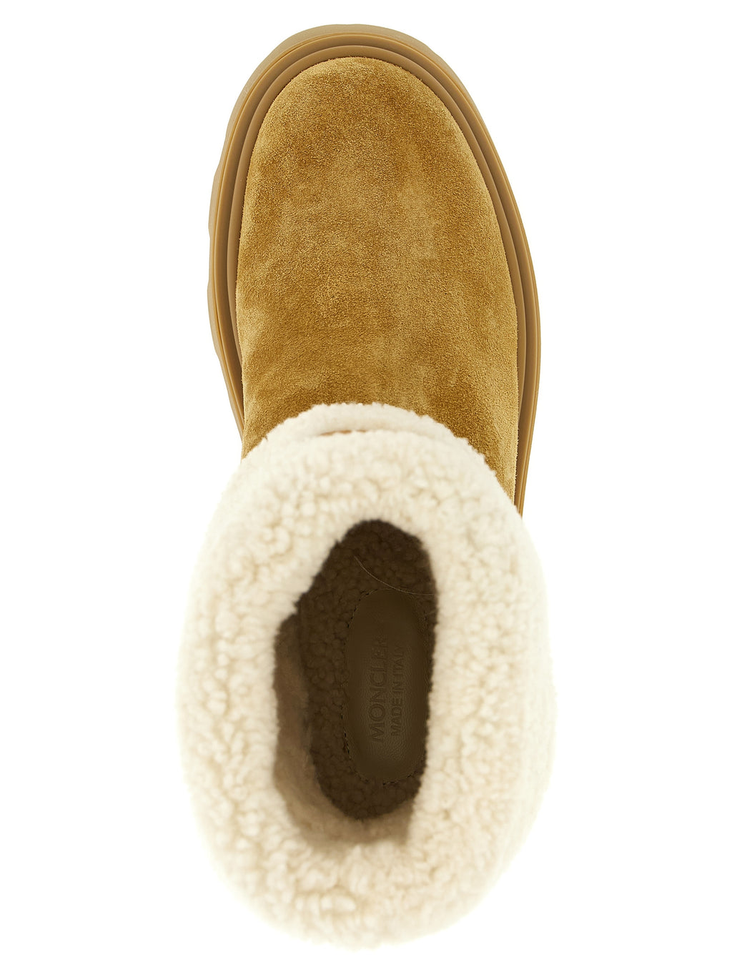 Bottines Moncler en cuir de veau beige, style ankle boots, avec semelle robuste et design élégant.