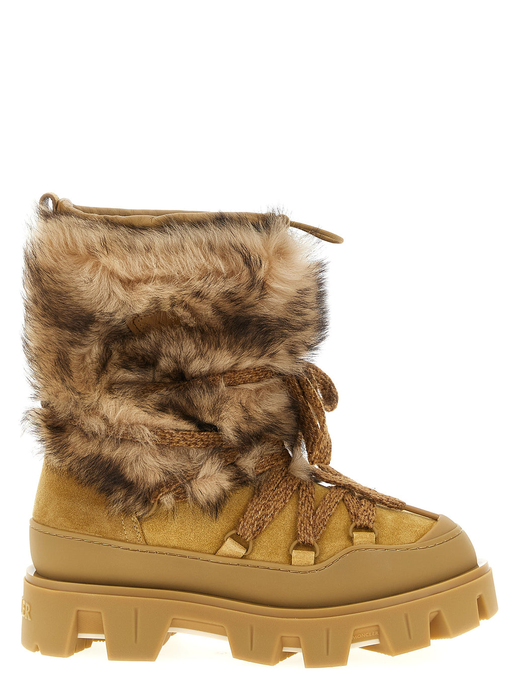 Bottes plates en cuir de veau marron Moncler, style élégant et confortable pour femmes.
