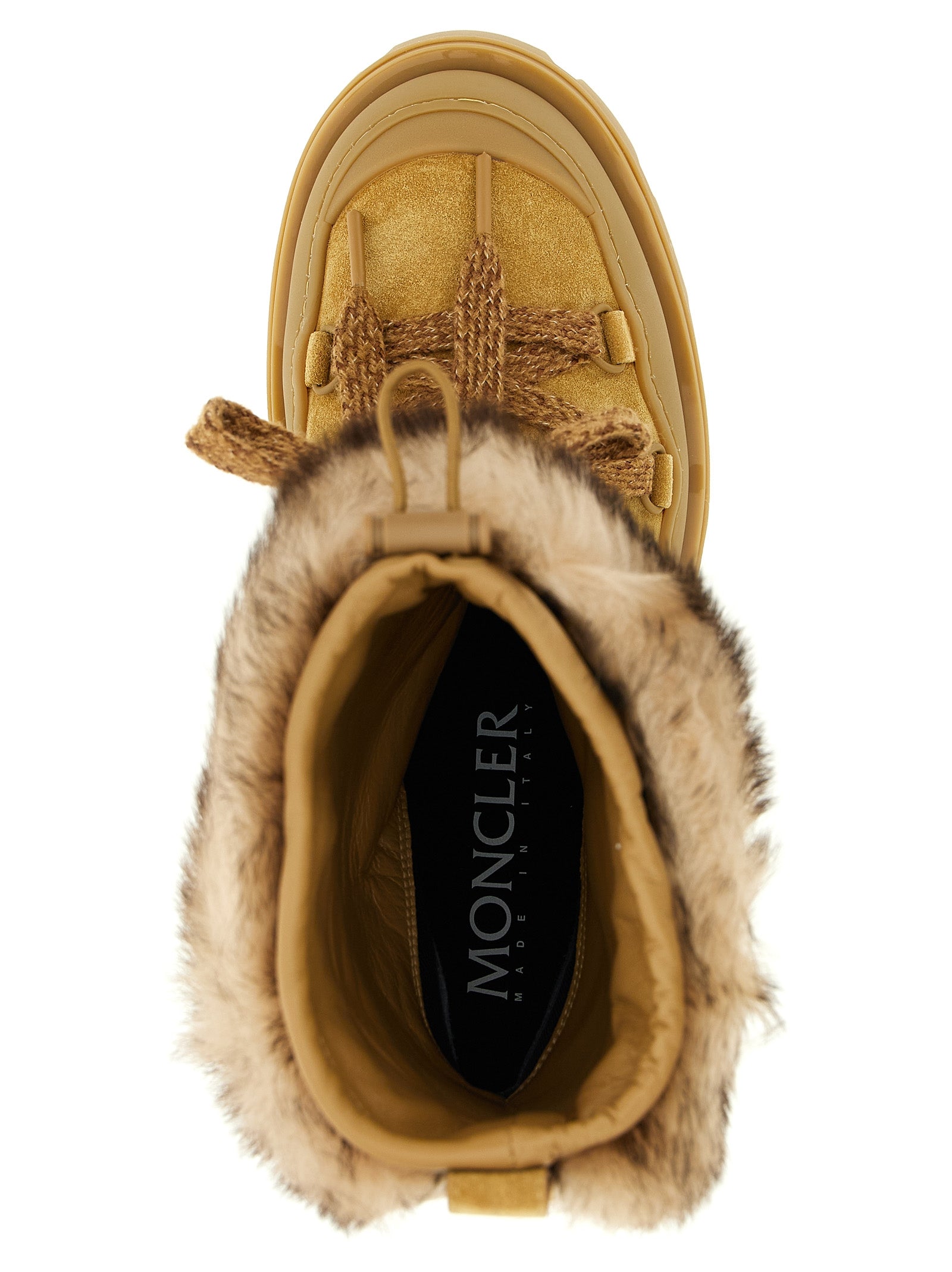 Bottes plates en cuir de veau marron Moncler pour femme, style élégant et confortable.