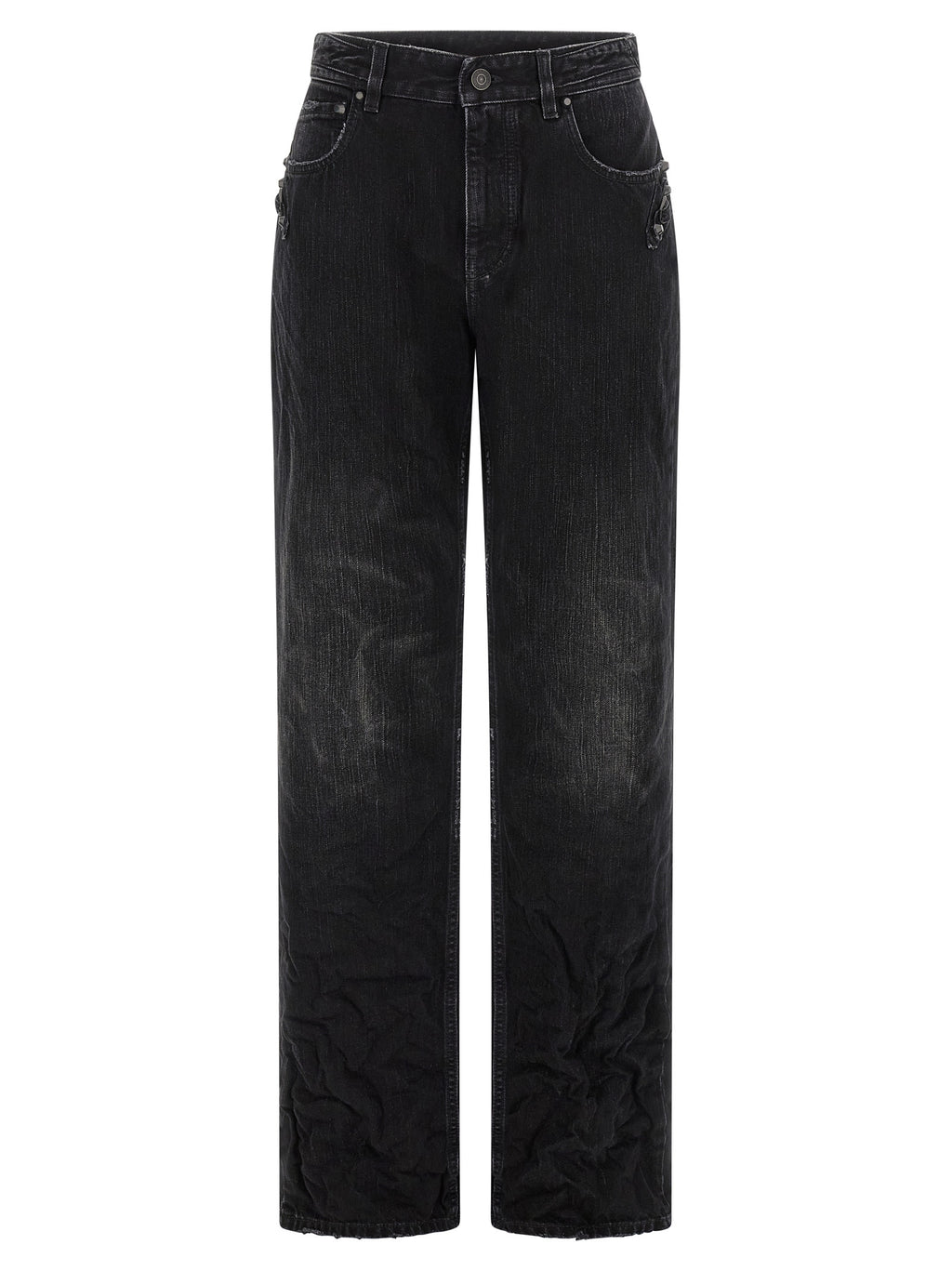Jeans droits en coton noir de Balenciaga, vue frontale, avec ceinture et détails classiques.