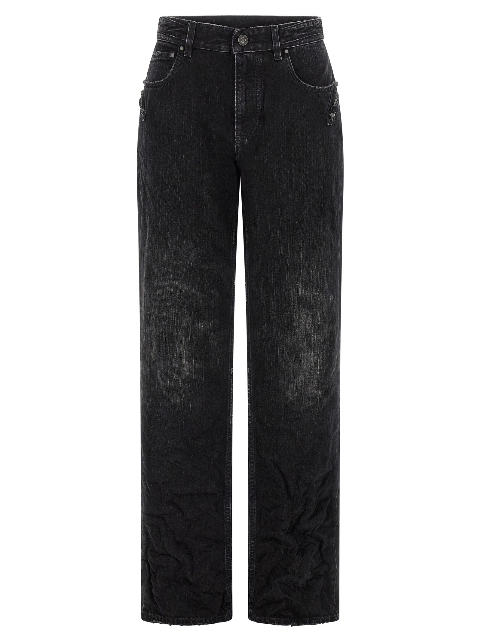 Jeans droits en coton noir de Balenciaga, vue frontale, avec ceinture et détails classiques.