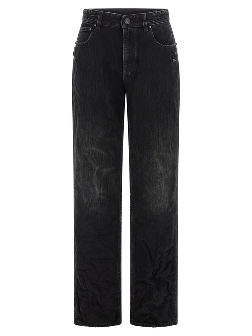 Jeans droits en coton noir de Balenciaga, vue frontale, avec ceinture et détails classiques.