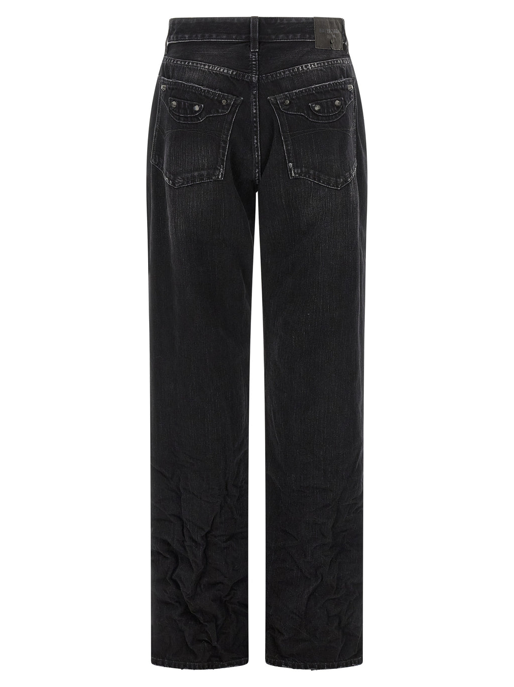 Jeans droits en coton noir de Balenciaga, style classique et coupe ajustée, visibles devant avec détails de couture.