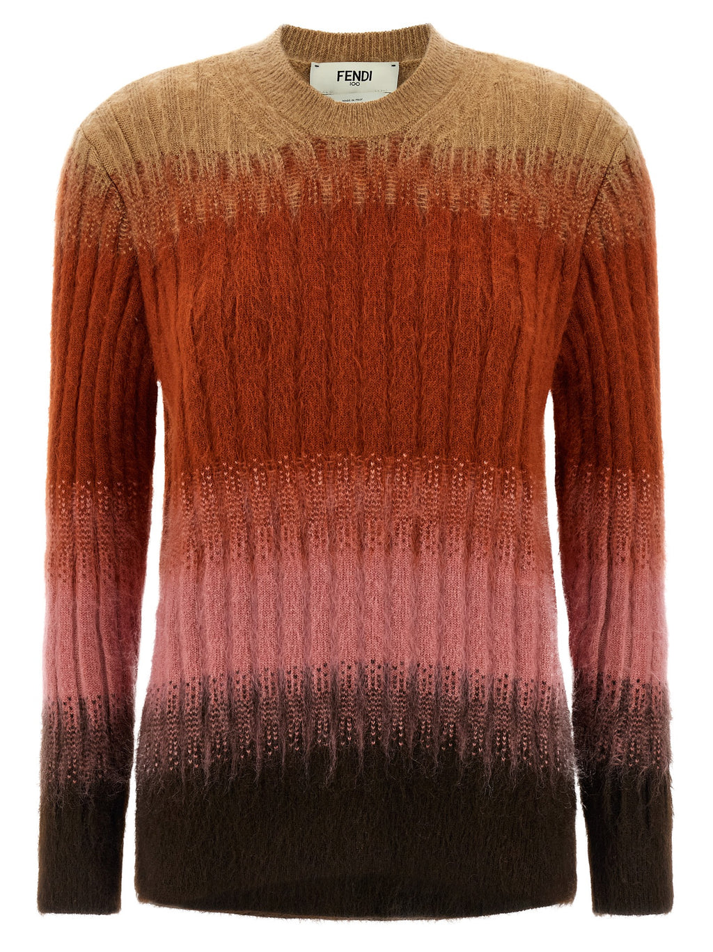 Cardigan en laine multicolore Fendi avec boutons, détails colorés et style élégant, porté sur un mannequin.