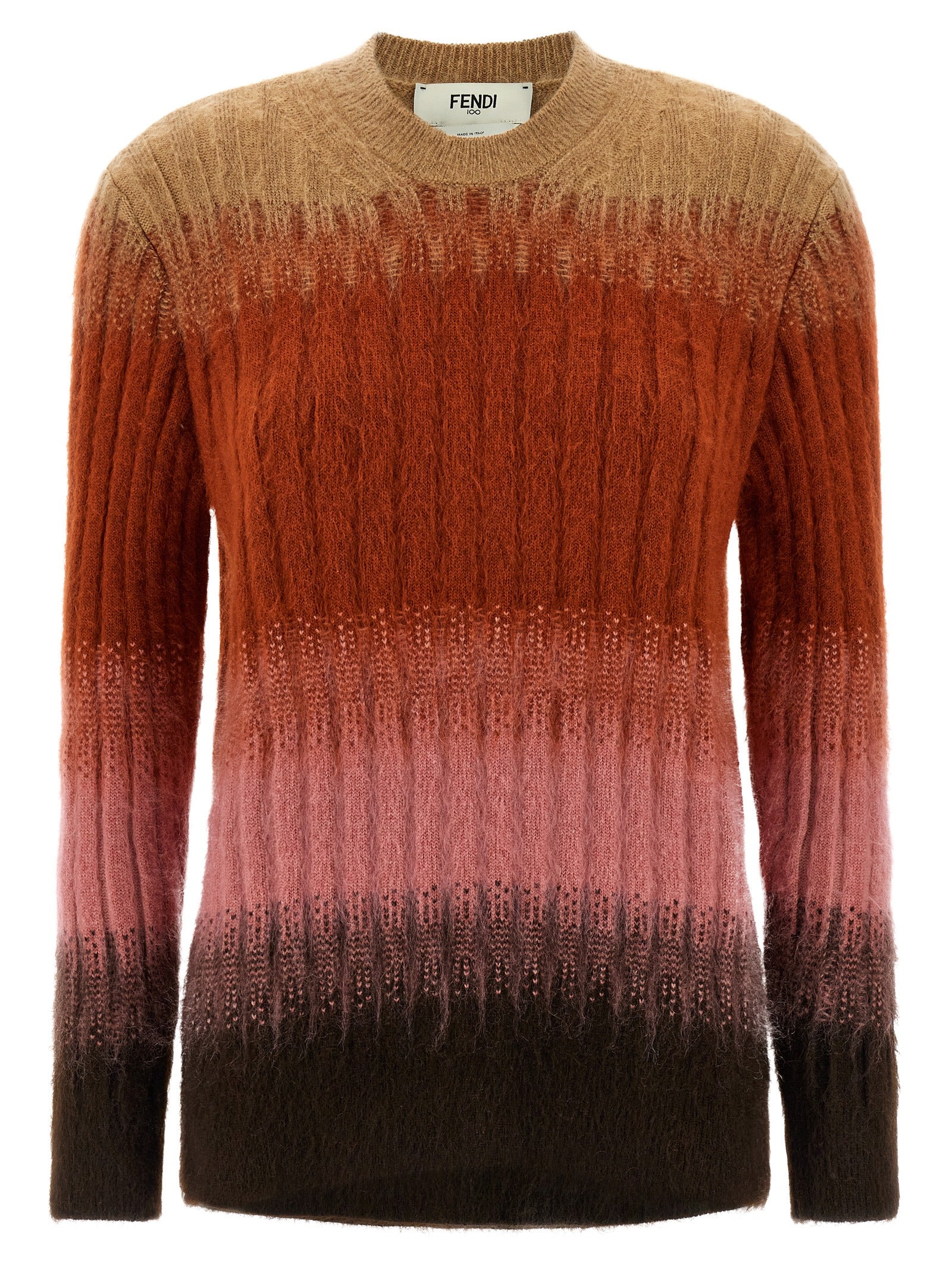 Cardigan en laine multicolore Fendi avec boutons, détails colorés et style élégant, porté sur un mannequin.