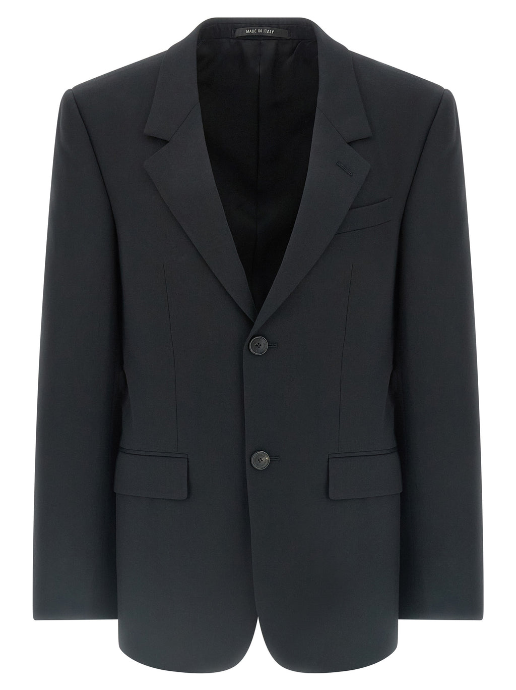 Veste blazer en laine noire de Balenciaga, élégante et moderne, portée sur un mannequin.