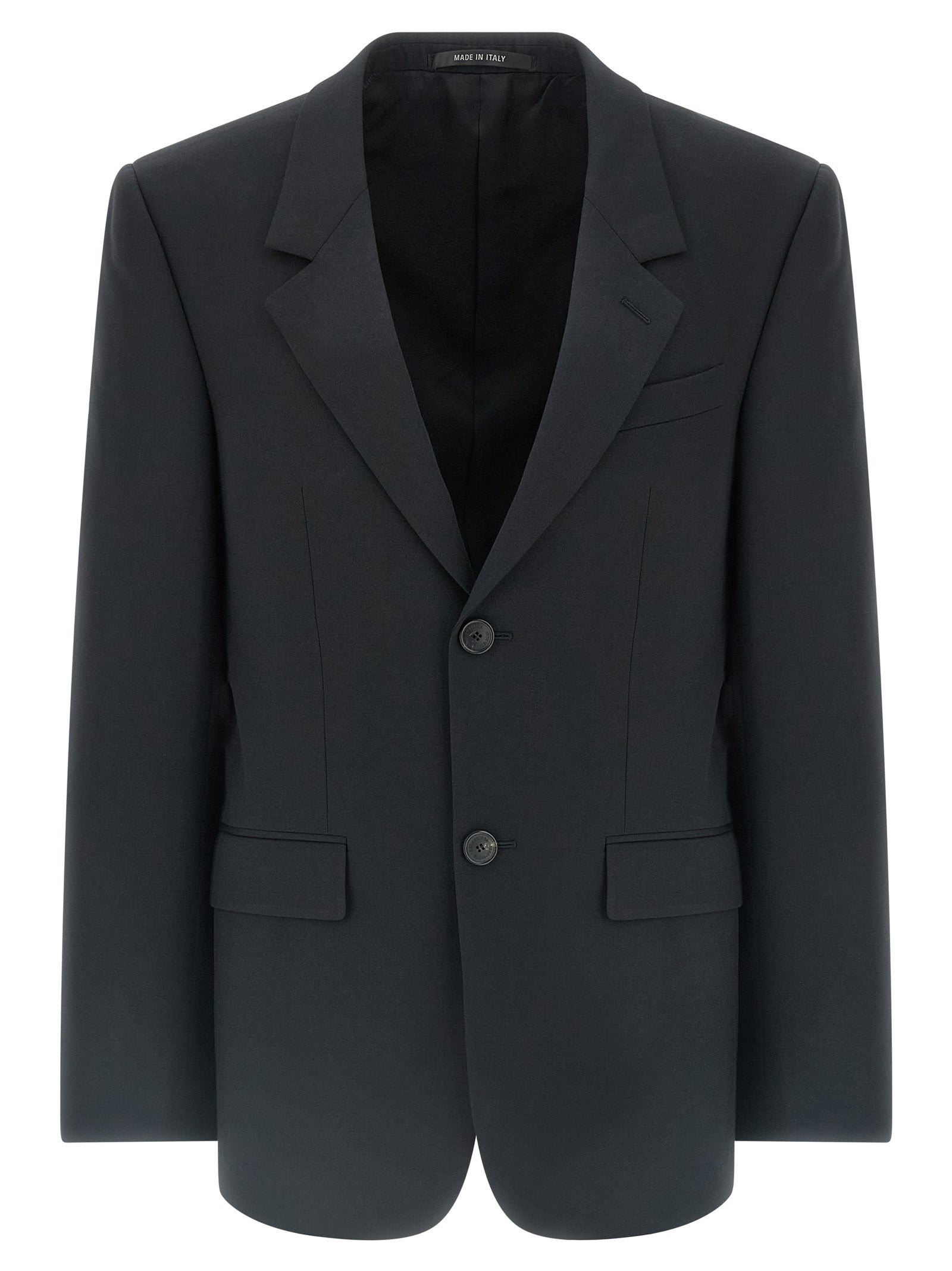Veste blazer en laine noire de Balenciaga, élégante et moderne, portée sur un mannequin.