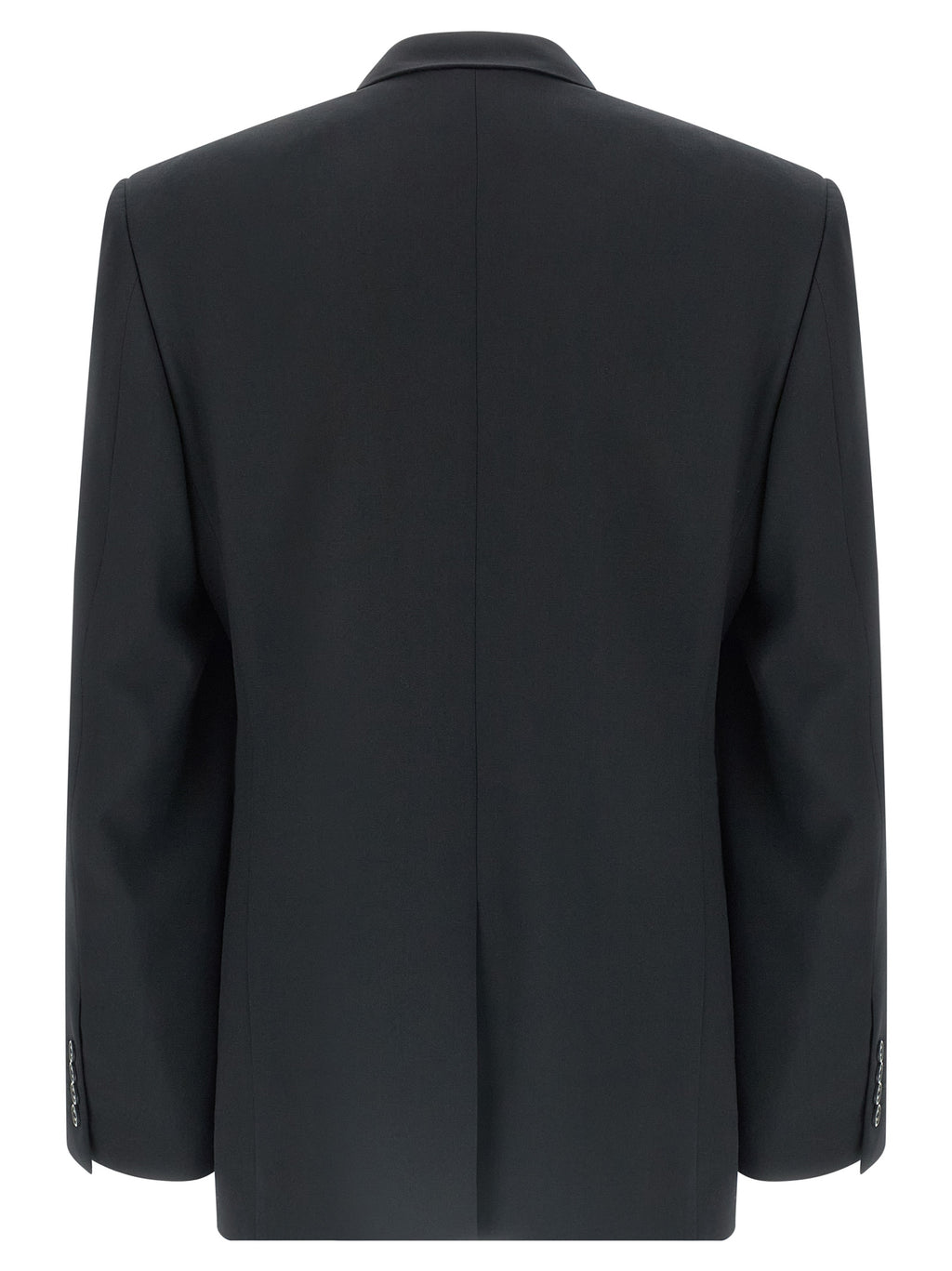 Veste blazer en laine noire de Balenciaga, coupe élégante, sur mannequin, détails de couture visibles.