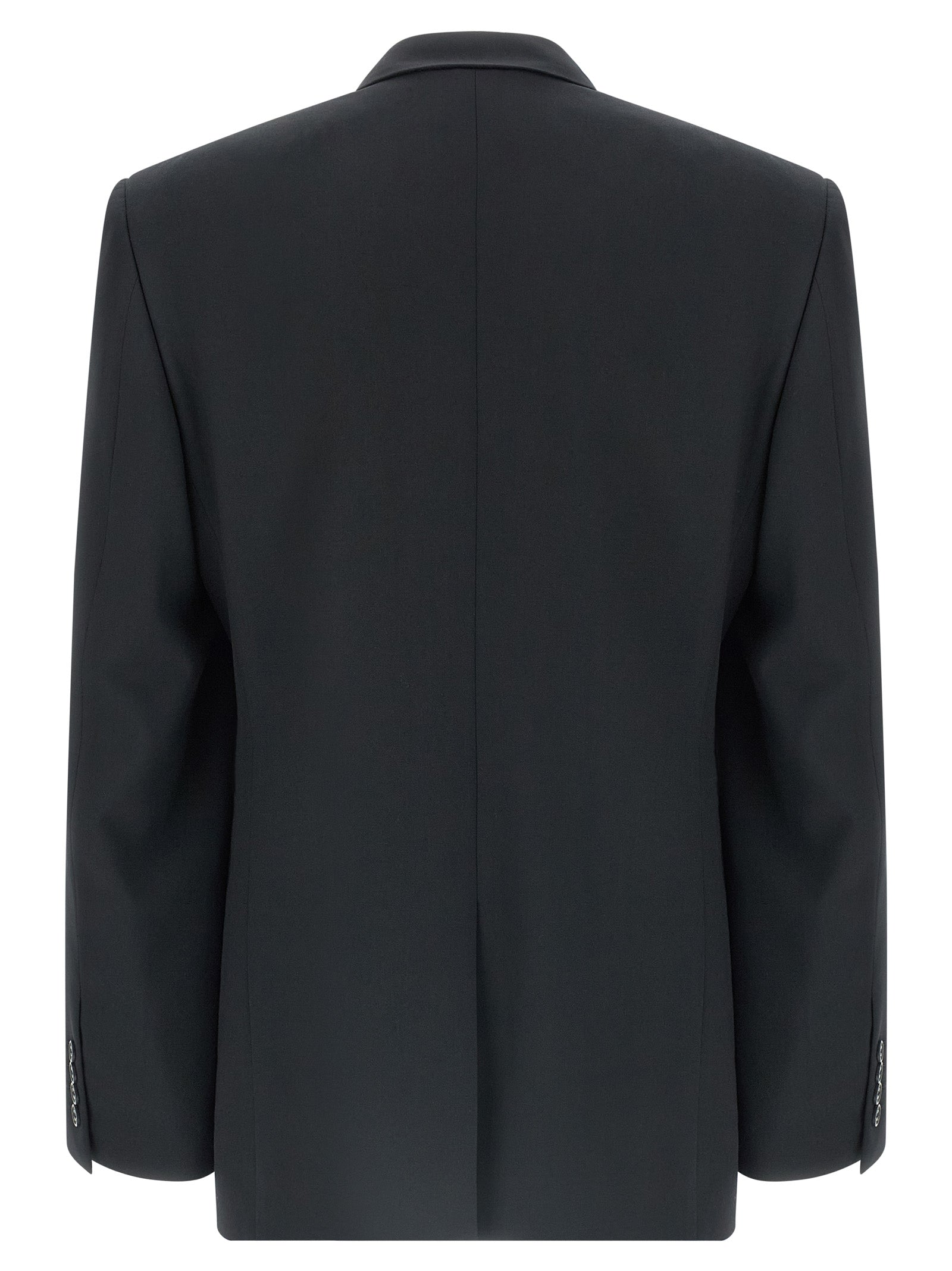 Veste blazer en laine noire de Balenciaga, coupe élégante, sur mannequin, détails de couture visibles.