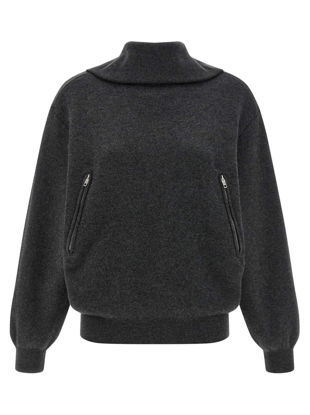 Cardigan en laine gris Balenciaga, coupe classique, détails élégants, porté sur un mannequin.