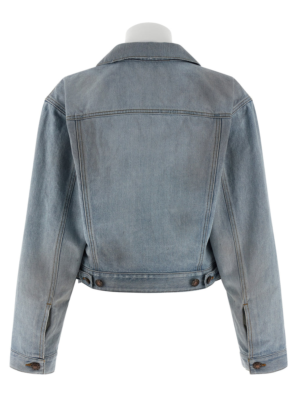 Veste en denim en coton bleu de Balenciaga, style décontracté avec détails modernes, vue de face sur la veste.