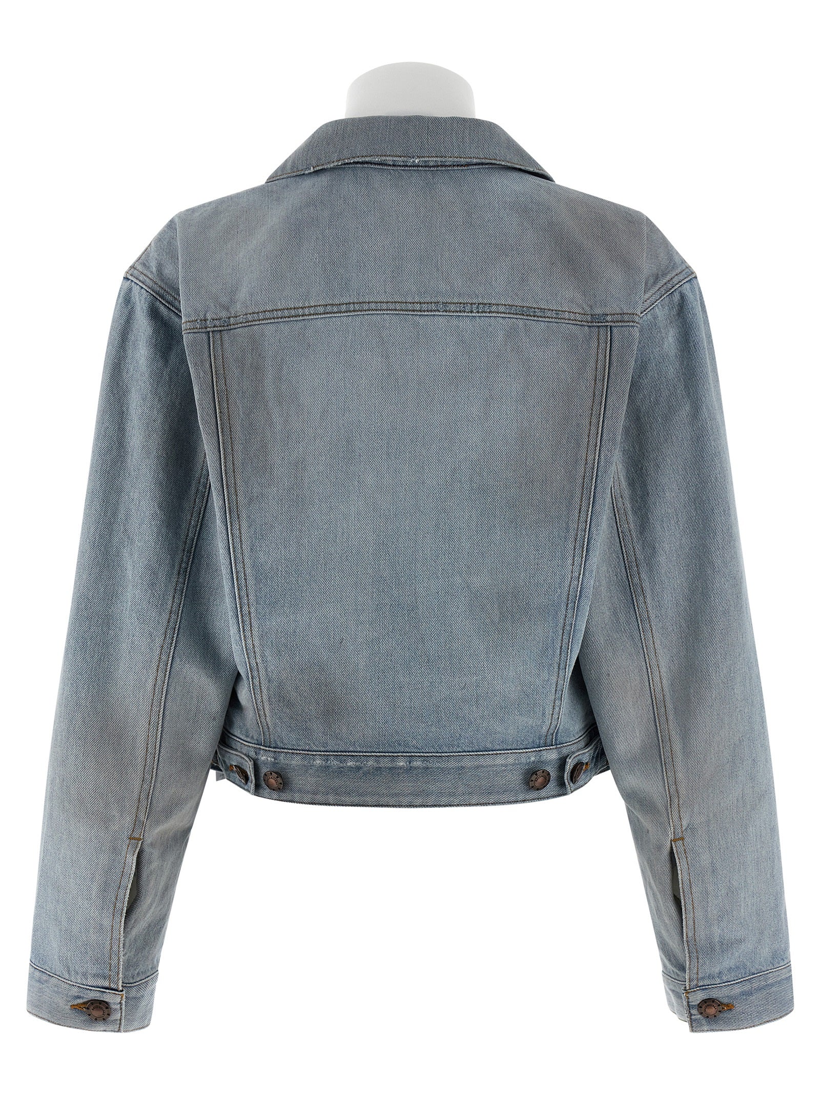 Veste en denim en coton bleu de Balenciaga, style décontracté avec détails modernes, vue de face sur la veste.