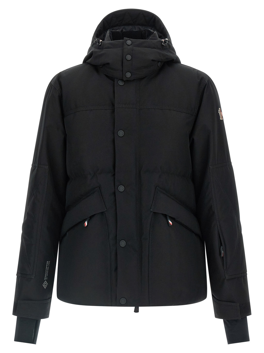 Veste Moncler Grenoble en polyester noir, coupe ajustée, avec capuche et fermeture zippée, vue de face.