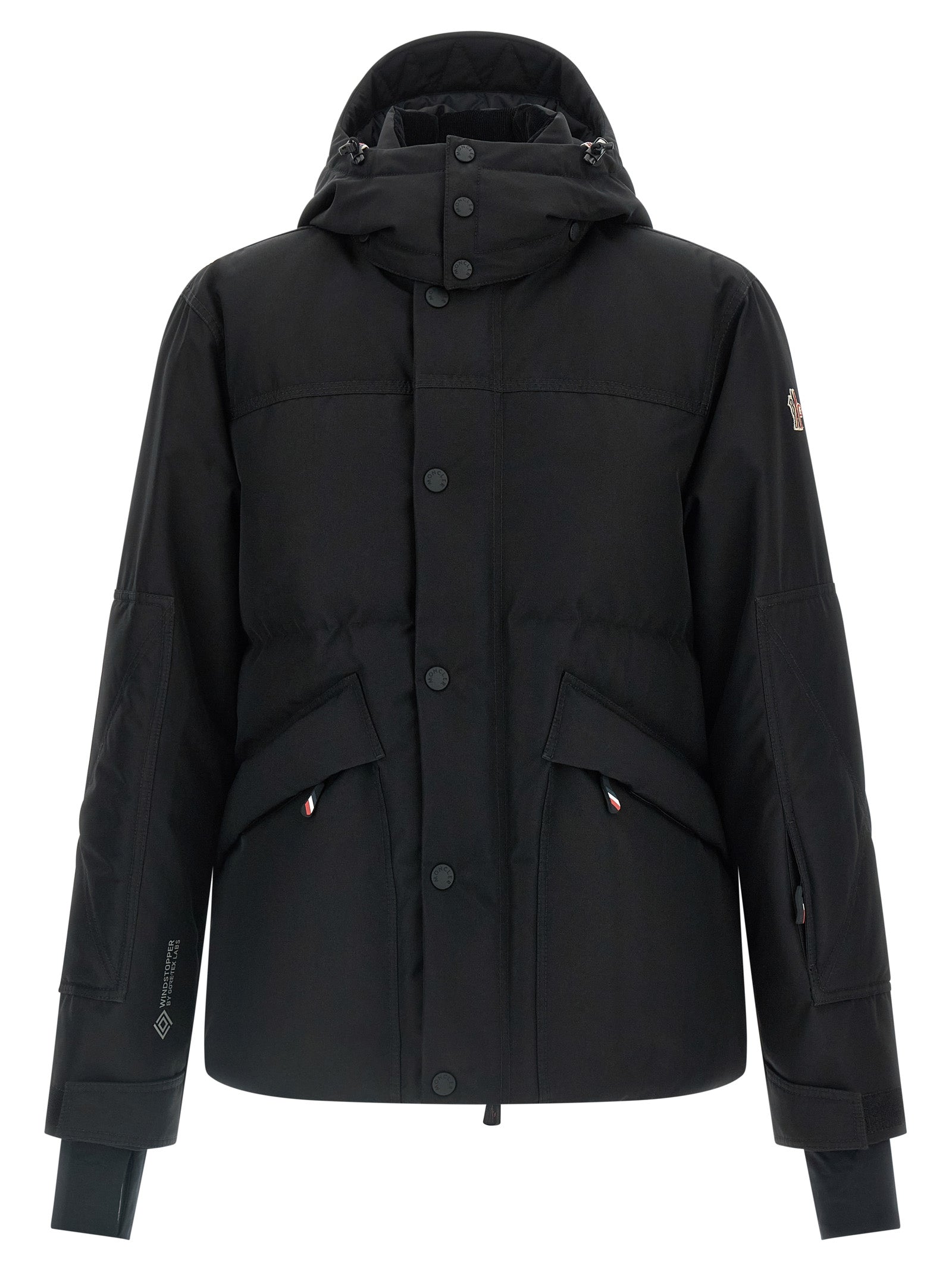Veste Moncler Grenoble en polyester noir, coupe ajustée, avec capuche et fermeture zippée, vue de face.