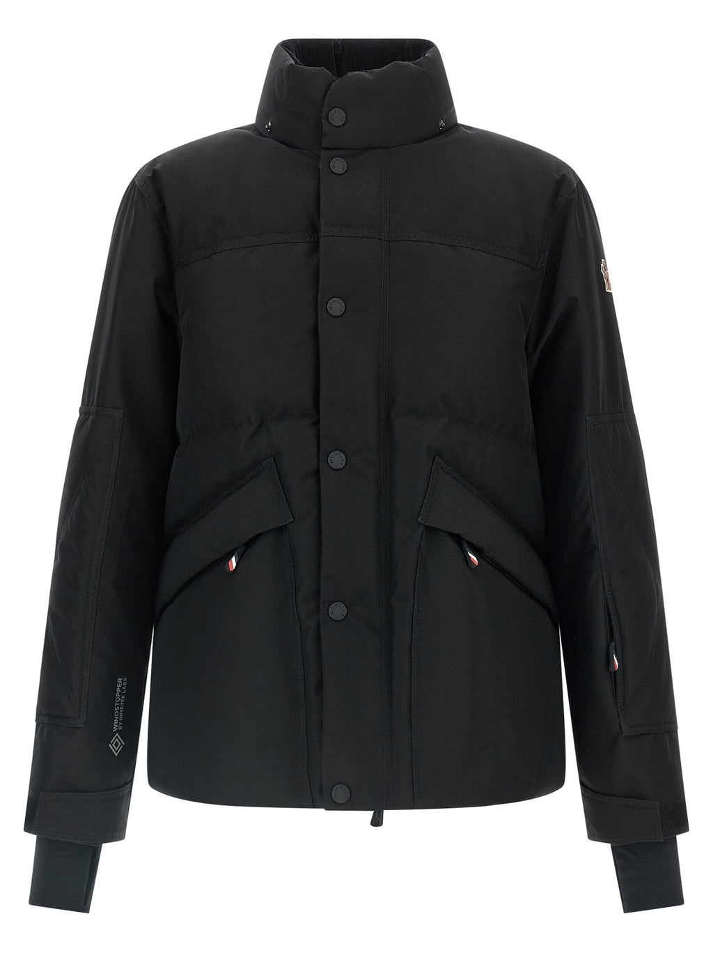 Veste en polyester noire Moncler Grenoble pour femme, coupe-vent et résistante, avec capuche et détails modernes.