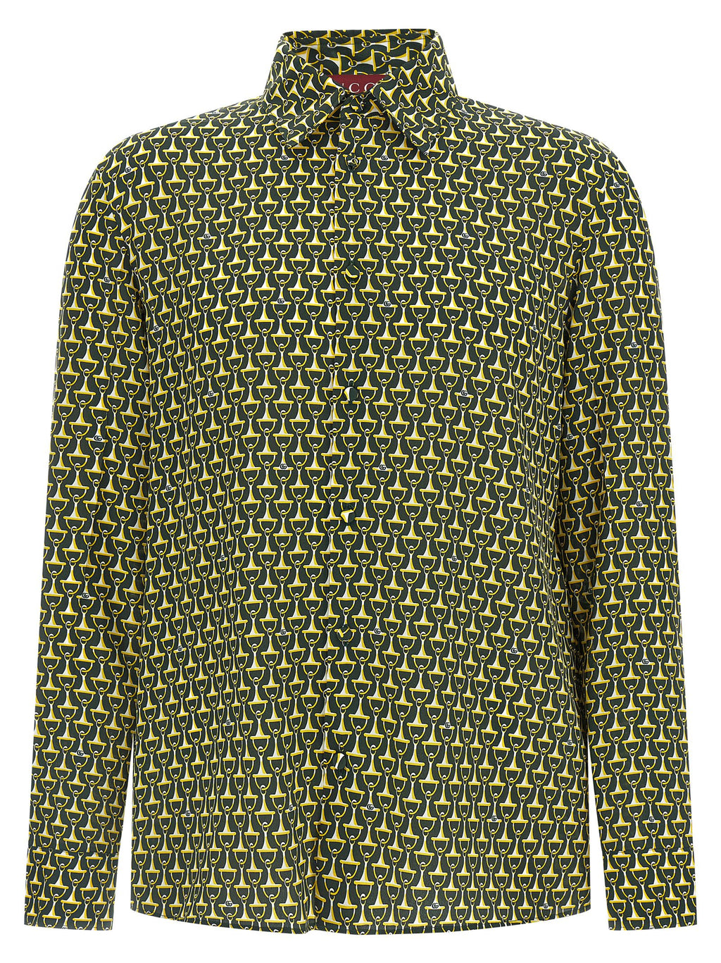 Blouse en soie bicolore Gucci, coupe élégante avec détails sophistiqués, portée près du corps, vue de face.