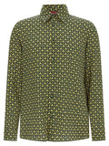 Blouse en soie bicolore Gucci, coupe élégante avec détails sophistiqués, portée près du corps, vue de face.