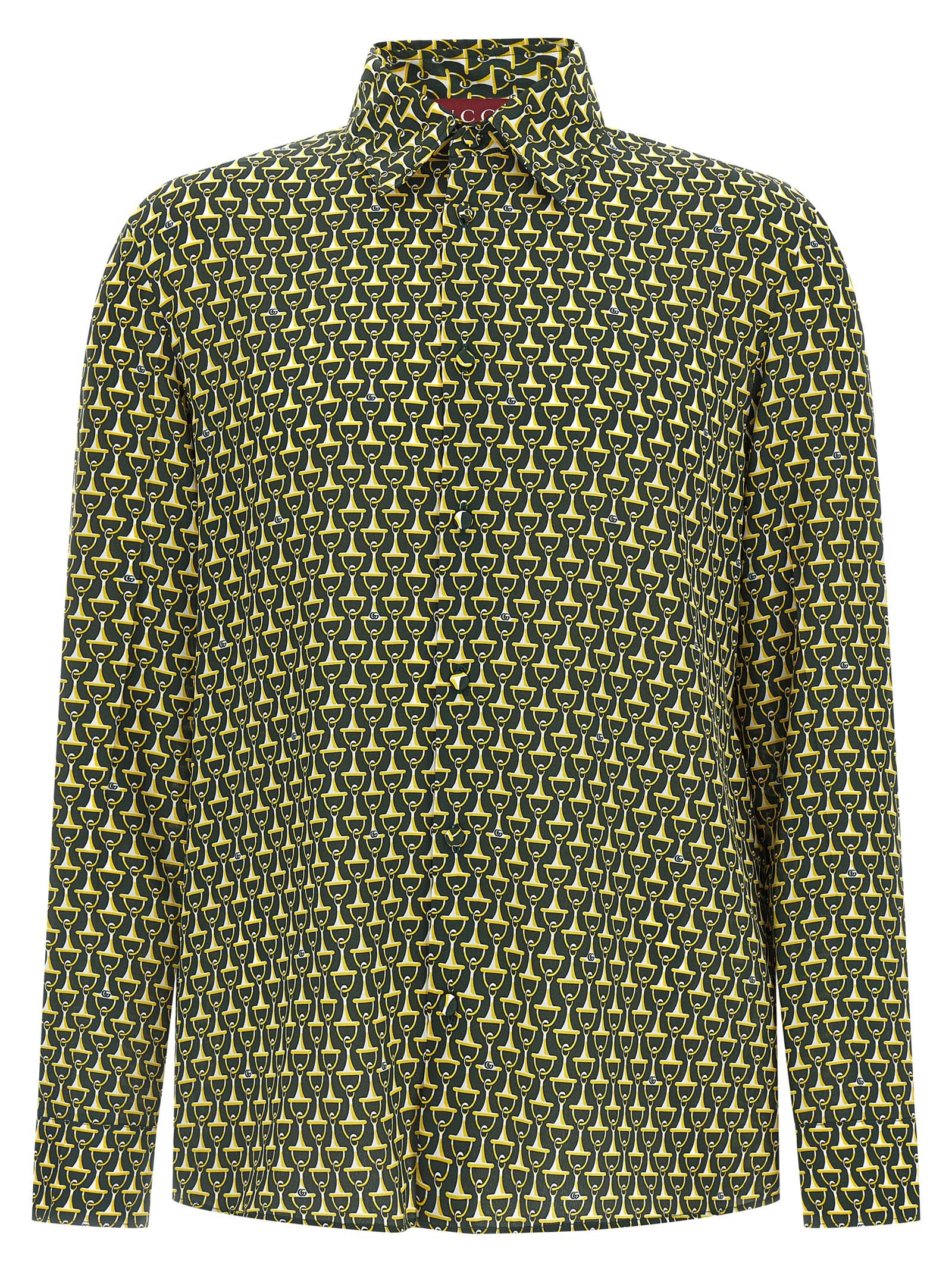 Blouse en soie bicolore Gucci, coupe élégante avec détails sophistiqués, portée près du corps, vue de face.