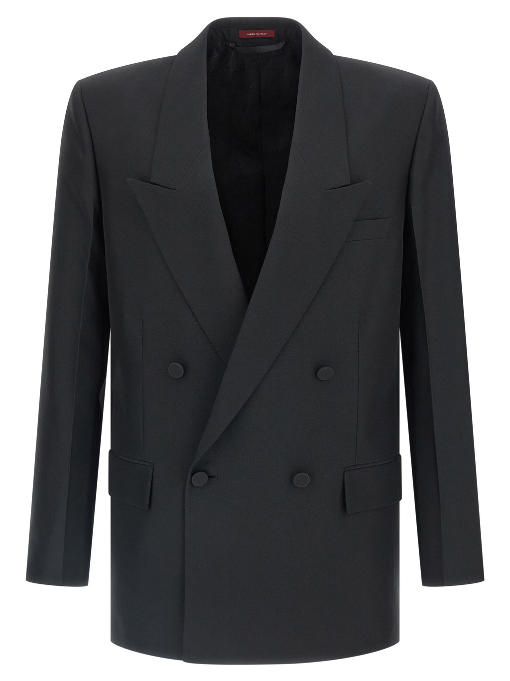 Blazer noir en polyester de Gucci, veste élégante avec coupe ajustée et détails modernes, portée sur un mannequin.