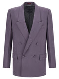 Veste blazer en laine violette de Gucci, coupe élégante, portée sur un fond neutre, mettant en valeur le tissu et la finition haut de gamme.