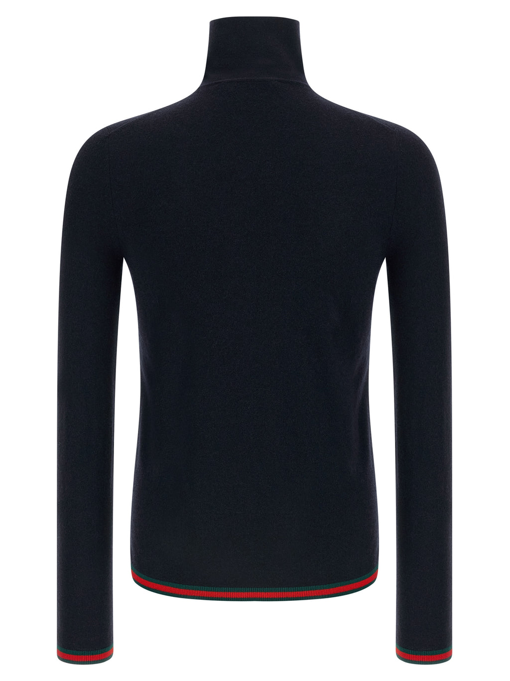 Cardigan en cachemire bleu Gucci, doux et élégant, porté sur un modèle, avec détails de finition en tricot.