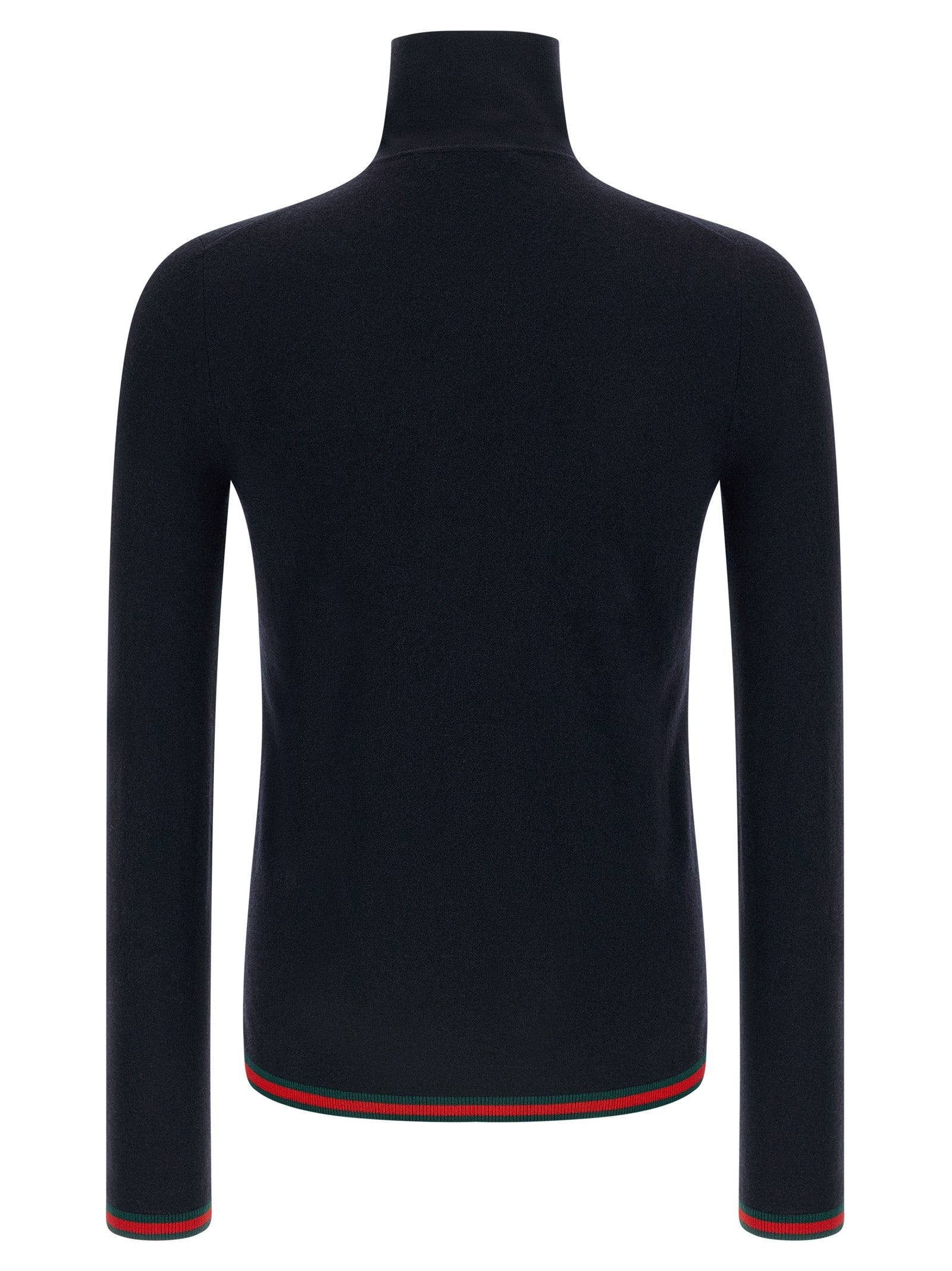 Cardigan en cachemire bleu Gucci, doux et élégant, porté sur un modèle, avec détails de finition en tricot.