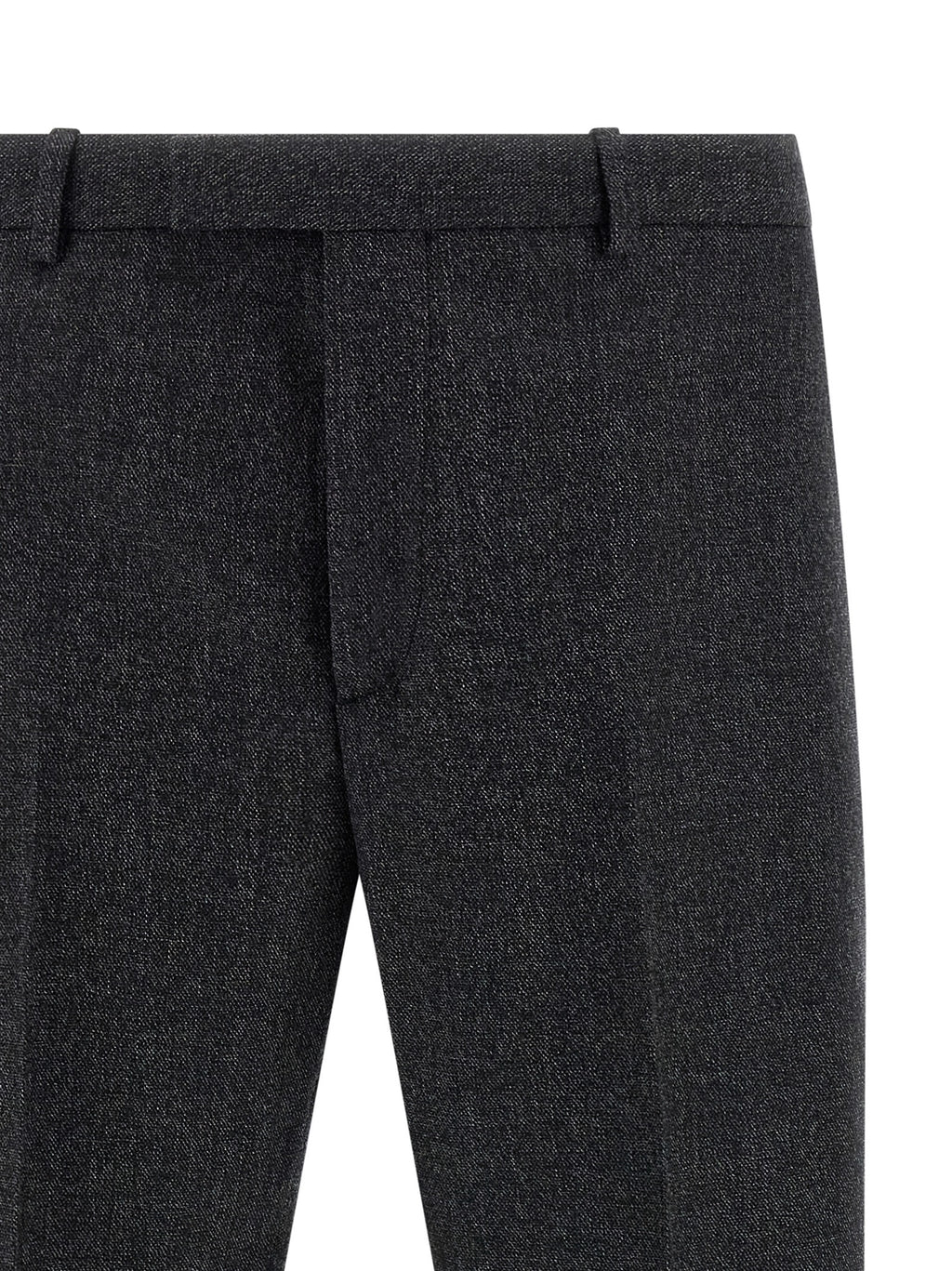 Pantalon gris en laine Gucci pour homme, coupe élégante, porté sur un mannequin avec une ceinture.
