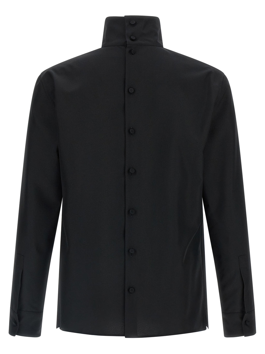 Blouse en polyester noir Gucci, style élégant, avec détails modernes, portée par un mannequin.