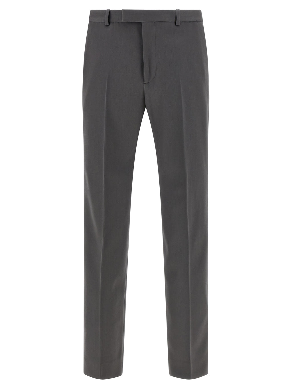Pantalon gris en laine Gucci pour homme, coupe élégante avec détails modernes, porté sur un mannequin.