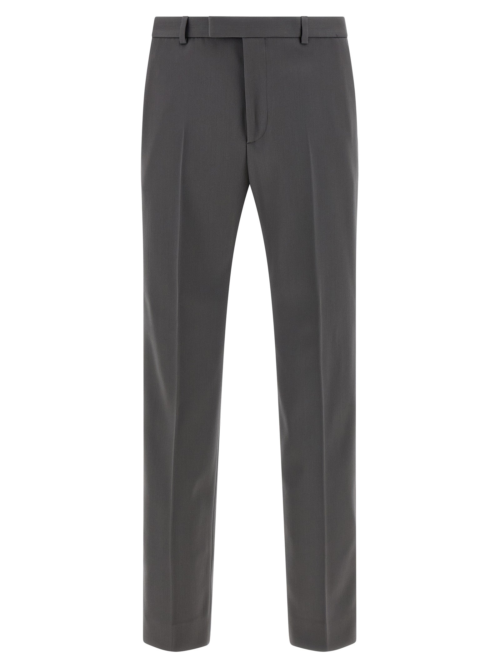 Pantalon gris en laine Gucci pour homme, coupe élégante avec détails modernes, porté sur un mannequin.
