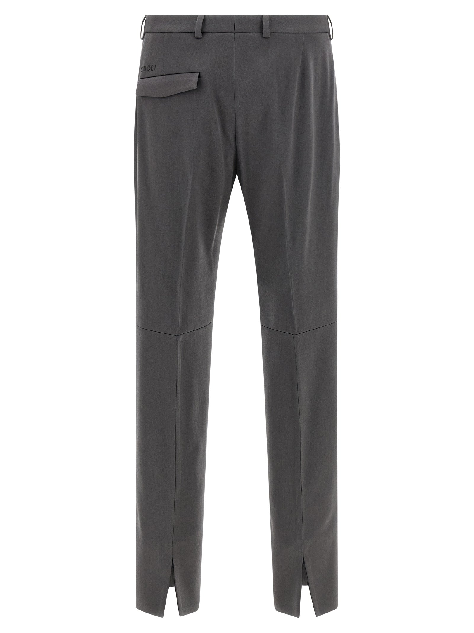 Pantalon gris en laine Gucci pour homme, coupe élégante et tissu de qualité visible sur l'image.